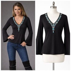 Boston Proper Black Turquoise Crystal Bead Embellished V-Neck Top Bell Sleeve S